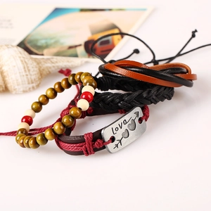 Multilayer leather bracelet set with woven ropes wood beads and vintage love heart charms