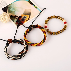 Three-piece Jamaican leather woven bracelet set with colorful beads and adjustable cord