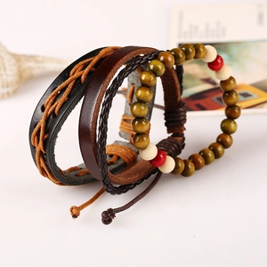 Retro multi-layer leather bracelet set featuring braided bands and colorful wooden beads