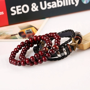 Multilayer retro braided leather bracelet set with wine red wood beads and star charms