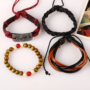Retro multi-layer woven leather bracelet set with wooden beads and love metal plate