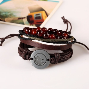 Retro multi-layer leather bracelet set with beaded chains and yin yang metal charm
