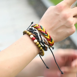 Three-piece Jamaican leather braid and bead bracelet set for men with adjustable cords