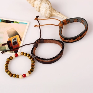 Retro multi-layer woven leather bracelet set with wooden beads and adjustable cord