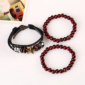 Handmade multilayer leather bracelet set with wooden beads and bronze star pendant