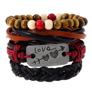 Vintage Braided Cowhide Bracelet Set Multi-layer Leather Jewelry Heart Love Pendant Adjustable Bohemian Punk Style Hand-woven Wristband
