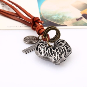Vintage leather cord necklace with heart pendant and engraved metal plates for women