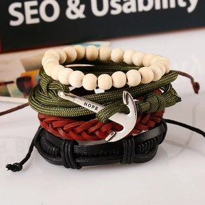 Retro multi-layer leather bracelet set with anchor pendant and wooden beads
