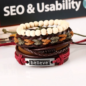 Handmade multilayer leather bracelet set with wooden beads and believe engraved charm