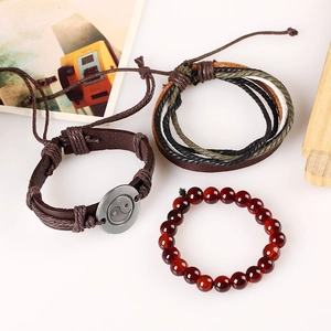 Retro multi-layer leather bracelet set with Yin Yang charm and natural stone beads