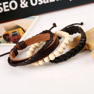 Ensemble de trois bracelets vintage en cuir tressé et perles de bois pour hommes