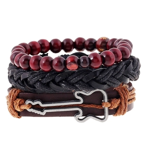 Vintage Men Woven Cowhide Leather Bracelet Wood Beads Hemp Rope Guitar Pendant Layered Punk Rock Bracelet For Daily Casual Jewelry