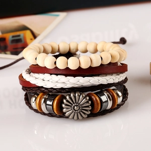 Retro multi-layer leather bracelet set with woven straps and sunflower metal charm