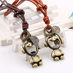 Retro couple leather necklace with bronze headset figure pendant and engraved tag