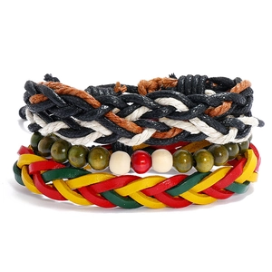 Genuine Cowhide Leather Woven Bracelet With Wood Beads Jamaica Rasta Colors Adjustable Bohemian Ethnic Hip Hop Men Jewelry