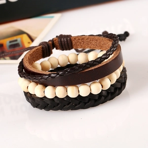 Ensemble de bracelets rétro en cuir tressé multicouche avec perles en bois style ethnique