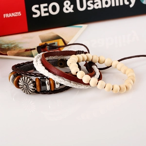 Vintage multi-layer leather bracelet set with wooden beads and sunflower metal charm
