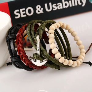 Multilayer navy leather bracelets set with metal anchor hope charm and wooden beads