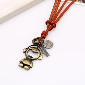 Retro robot pendant necklace with brown leather cord and engraved metal charm