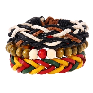 Three-piece set of woven leather bracelets with red yellow and green Jamaica hip-hop style