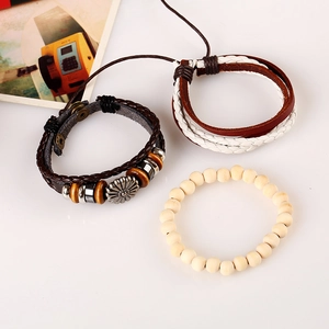 Three-piece set of woven leather bracelets with sunflower charm and wooden beads