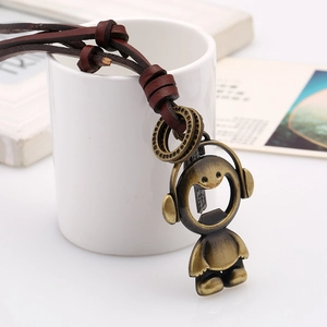 Vintage cartoon character pendant necklace with brown leather cord and bottle opener feature