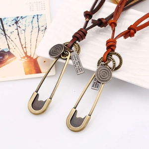 Retro leather pendant necklace with bronze safety pins and engraved metal tags for women