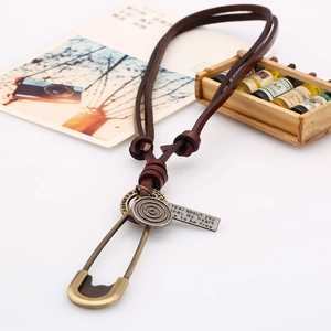 Retro leather cord necklace with vintage safety pin and engraved metal pendants