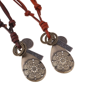 Vintage Bohemian Cowhide Leather Rope Necklace Alloy Hollow Mandala Flower Teardrop Pendant Adjustable Long Sweater Chain
