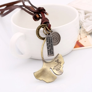 Vintage leather necklace with large ginkgo leaf pendants and engraved metal tags