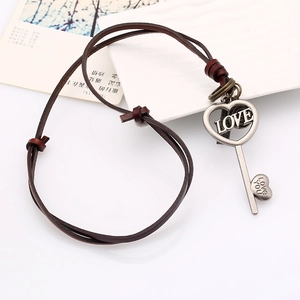 Retro leather cord necklace with vintage silver LOVE key and heart pendant