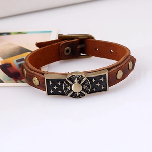 Retro brown leather bracelet with star alloy charms and bronze rivets for men and women