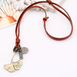 Vintage long leather necklace with bronze ginkgo leaf and engraved pendant for women