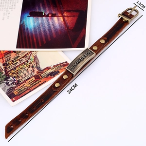 Retro brown leather bracelet with world peace engraved bronze plate and pin buckle