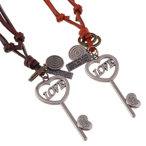 Vintage Cowhide Leather Rope Necklace For Women Men Alloy Heart Key Pendant LOVE Inscription Adjustable Sweater Chain