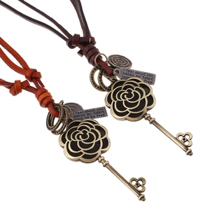 Vintage Genuine Leather Rope Necklace Alloy Hollow Rose Flower Key Pendant For Women Long Adjustable Sweater Chain Jewelry