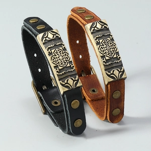Mens vintage leather bracelet set with embossed bronze metal plates and punk style rivets