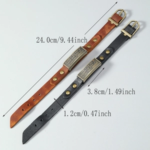 Vintage multilayer leather bracelets with engraved metal plate and buckle closure
