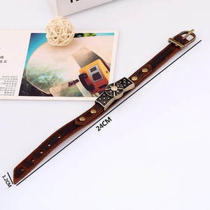 Vintage dark brown leather punk bracelet with antique bronze star emblem and buckle