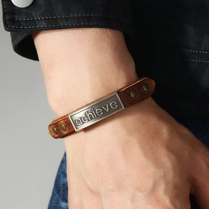 Retro multi-layer adjustable leather bracelet for men featuring an engraved achieve metal plate