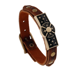 Vintage Punk Cowhide Leather Bracelet For Men Women Distressed Alloy Star Compass Charm Adjustable Cuff Bracelet Handmade Jewelry