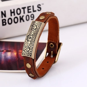 Vintage multilayer brown leather bracelet with I Love You engraved metal plate and buckle