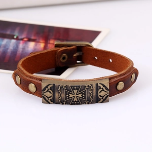 Retro brown leather cross bracelet for men with adjustable bronze metal buckle