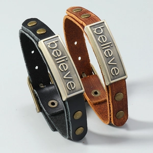 Retro punk style adjustable leather bracelets in black and brown with believe engraving