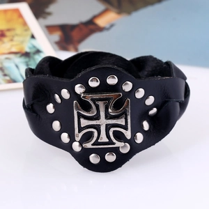 Punk black leather wide bracelet with silver cross emblem and metal rivets details