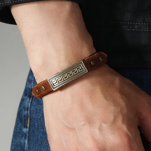 Men's retro multi-layer brown leather bracelet with Greek meander bronze metal plate