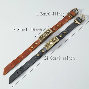 Adjustable vintage leather bracelets in black and brown with floral metal plate