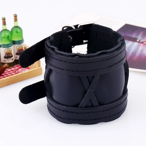 Men's retro punk black leather wide bracelet with layered straps and dual buckles