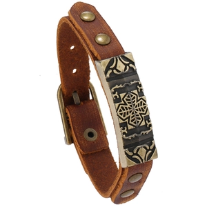 Vintage Cowhide Leather Bracelet Men Punk Style Alloy Embossed Flower Adjustable Strap Wristband Hand Jewelry Accessories