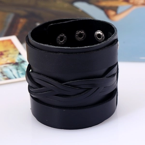 Men's wide black leather punk bracelet with braided texture and silver snap buttons